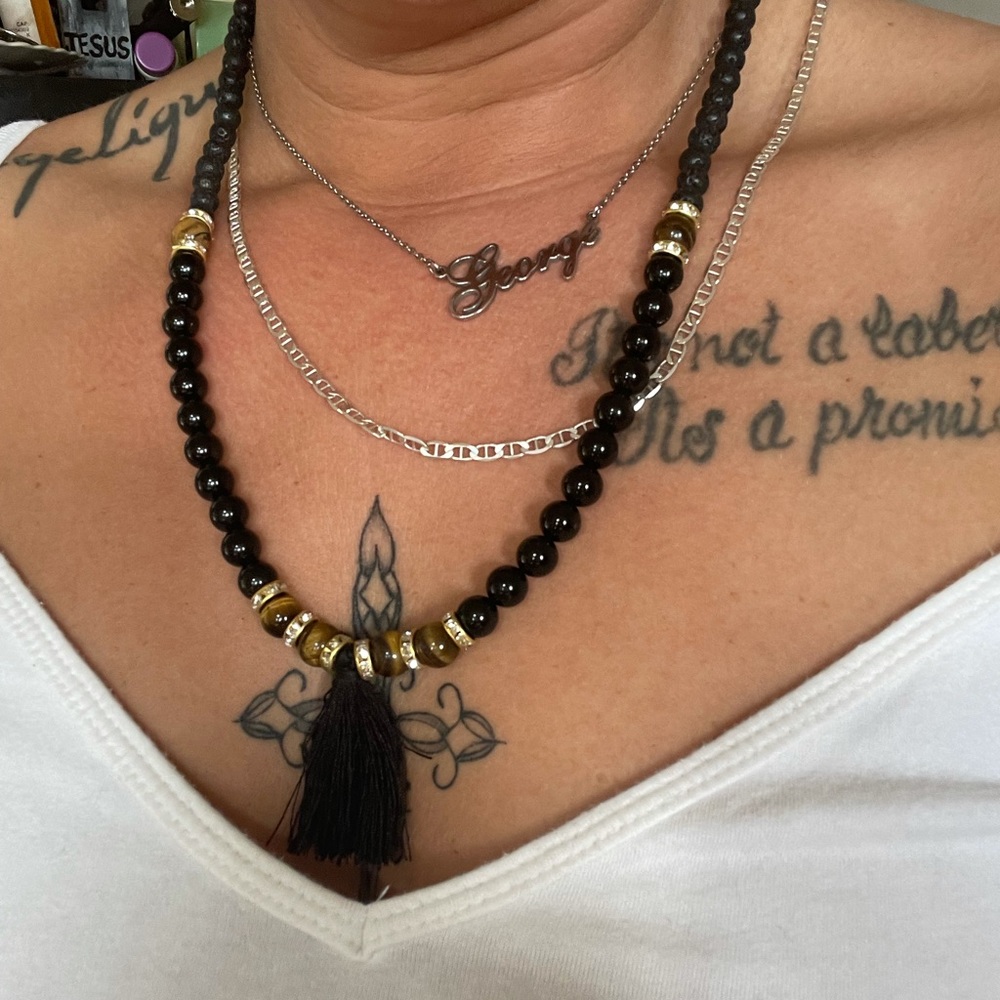 Black tourmaline and tigers eye gemstone necklace with tassel